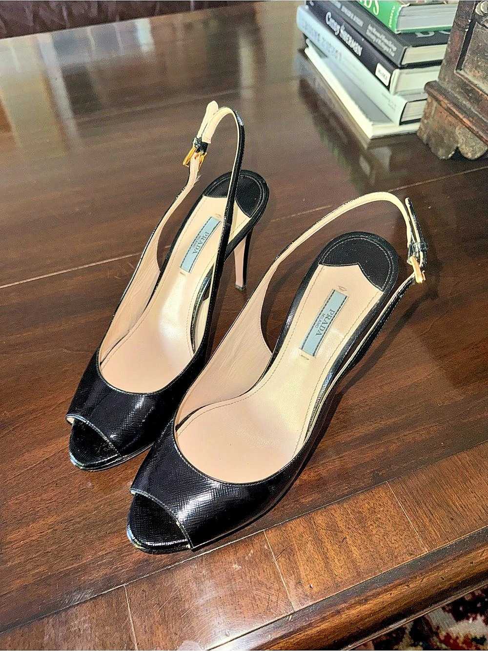 Prada Black Peep-Toe Slingback Heels